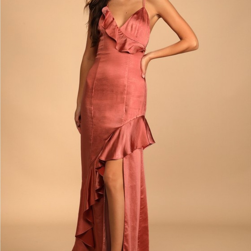 Lucky Lady Terra Cotta Satin Ruffled Maxi Dress